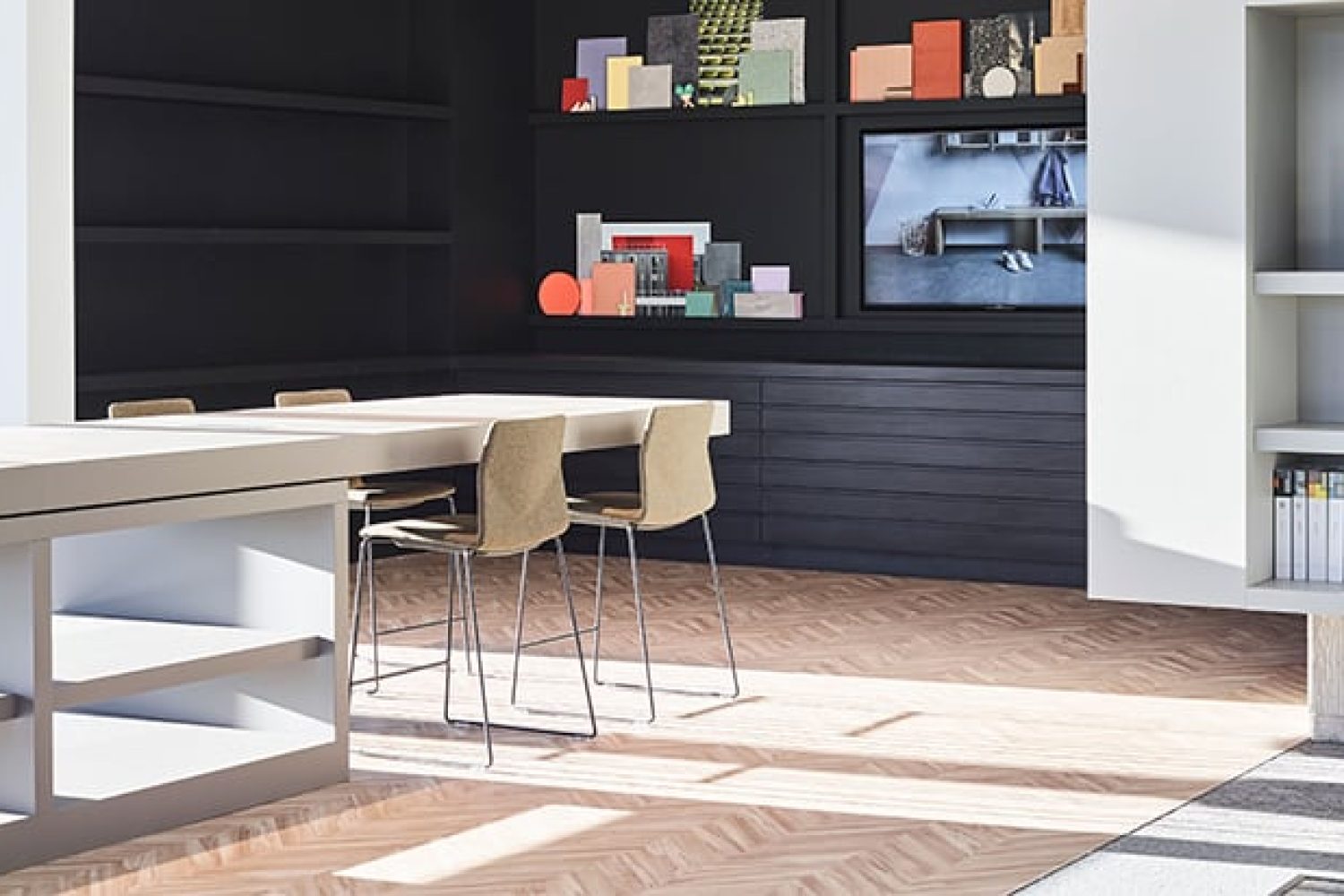 A office space with a television and bookshelves.