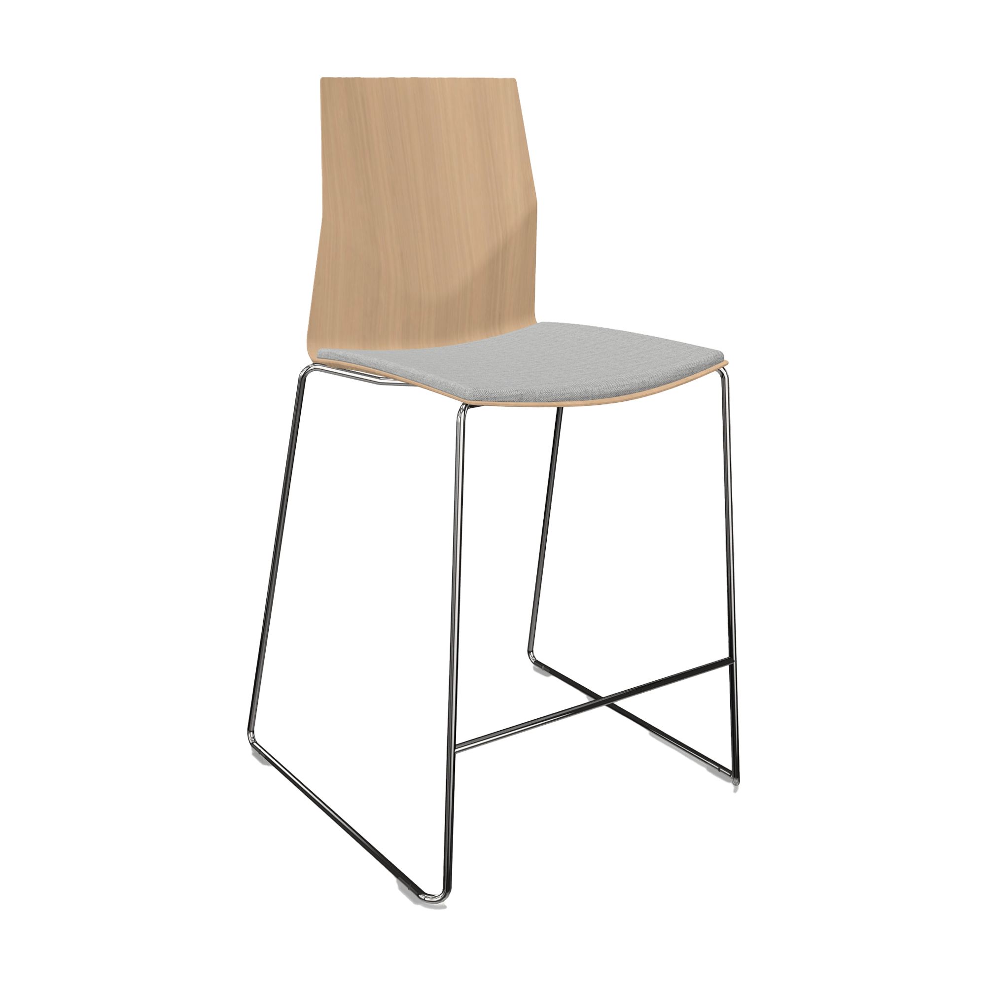 A counter height chair with a wooden frame and a grey seat.