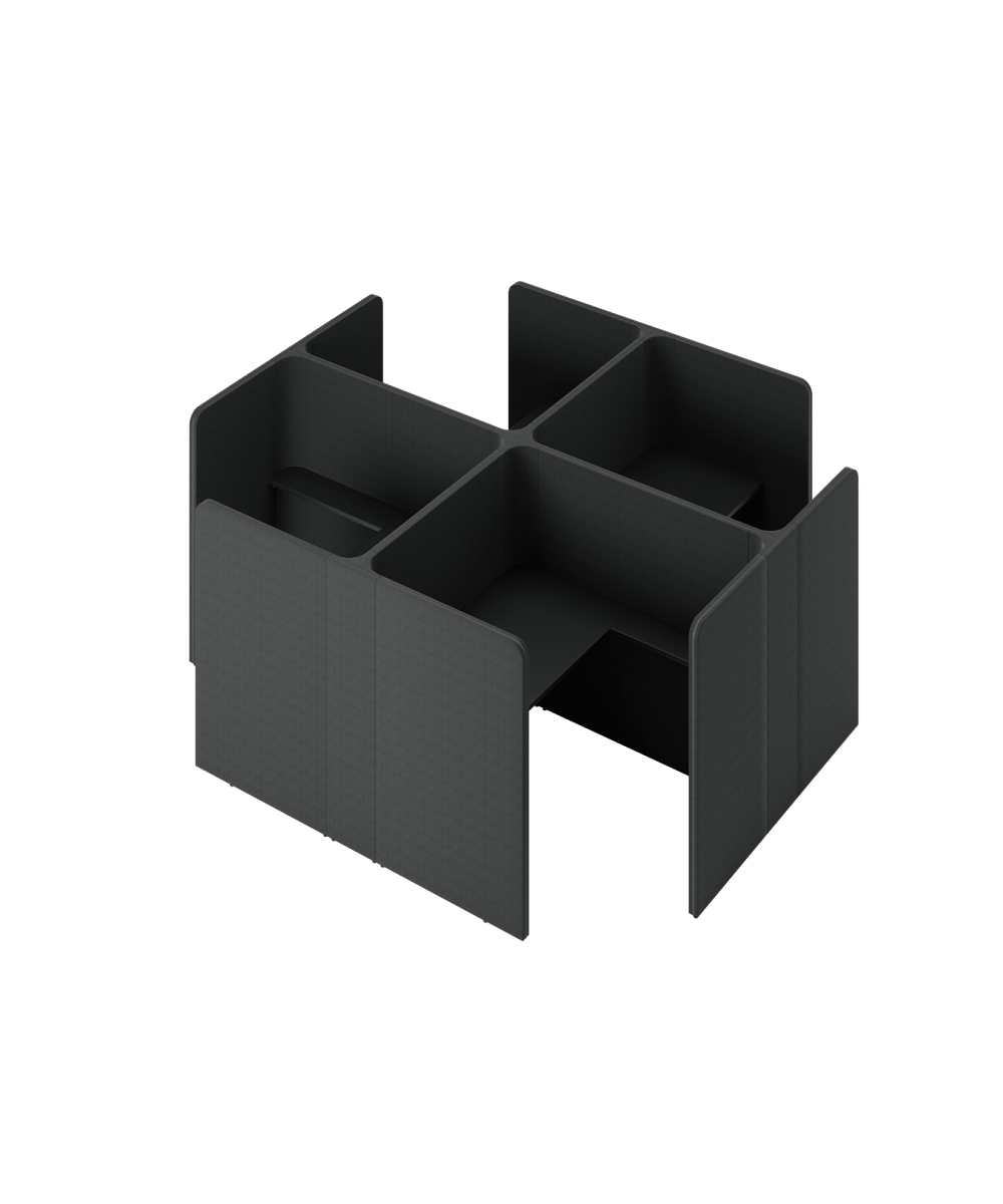 A black study booth with four compartments