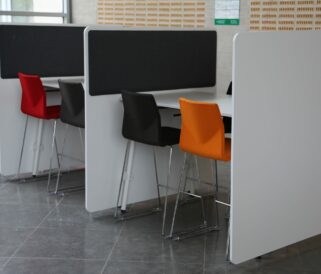 Two study booths with counter chairs