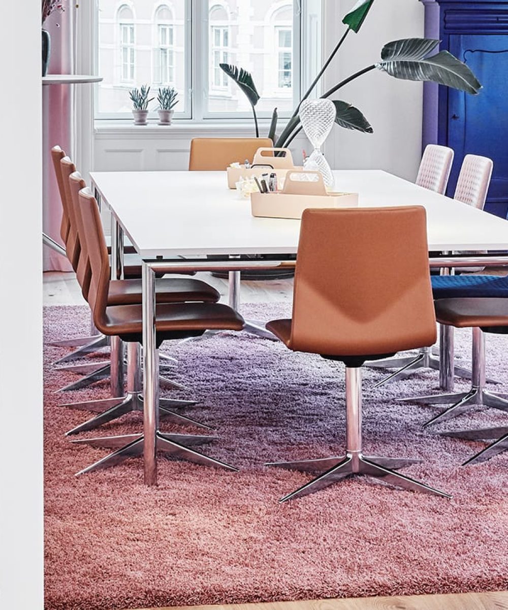 A dining table and chairs in a room with a pink rug.