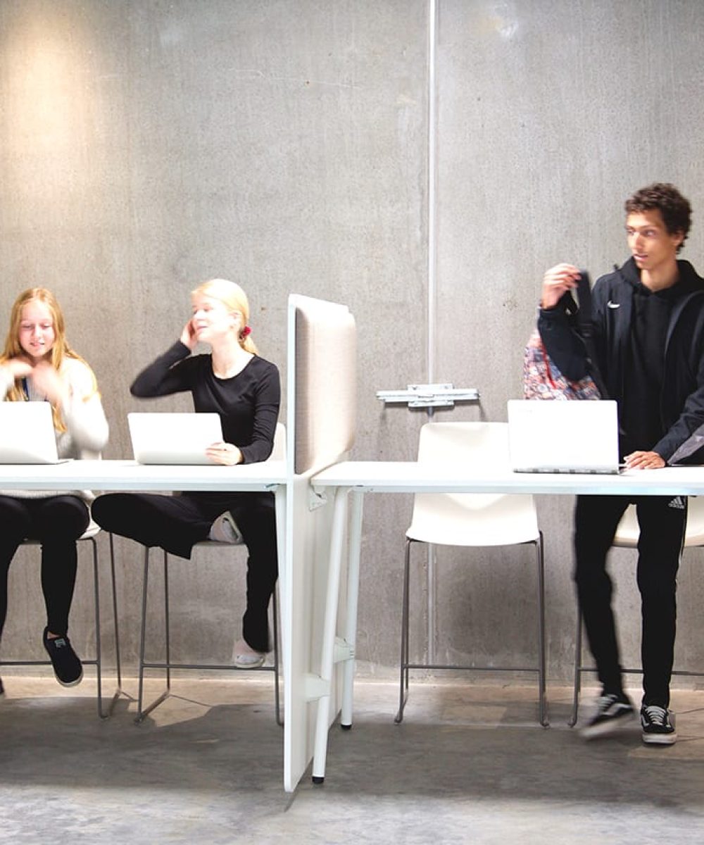 A group of people sitting at desks with office screen dividers with laptops in front of them.