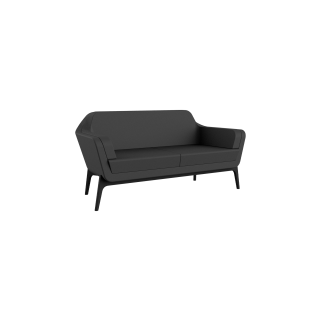 A free standing black office sofa with four metal black legs