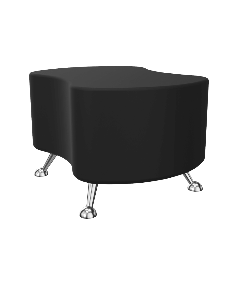 A black cylinder shaped ottomon with chrome legs