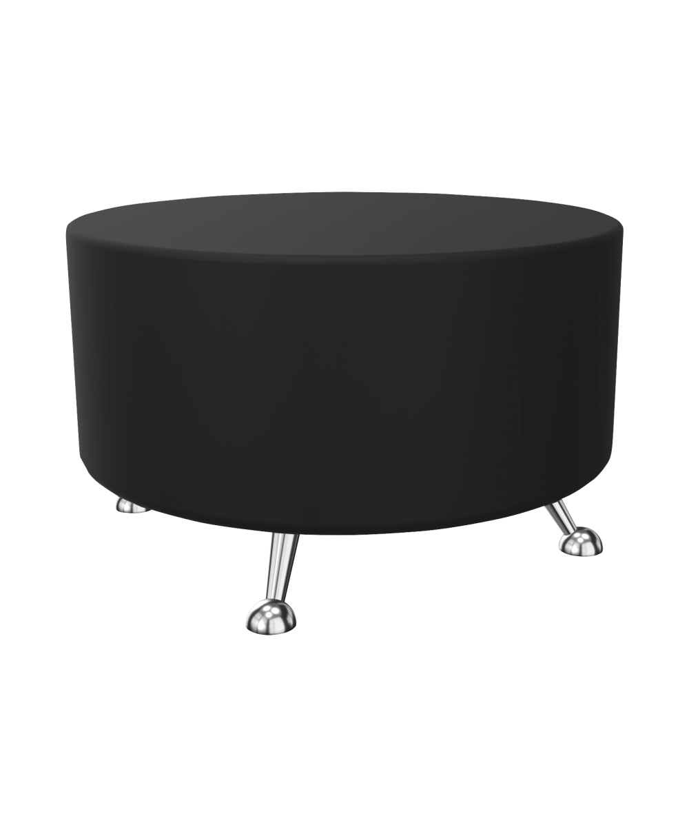 A round black ottoman with chrome legs.