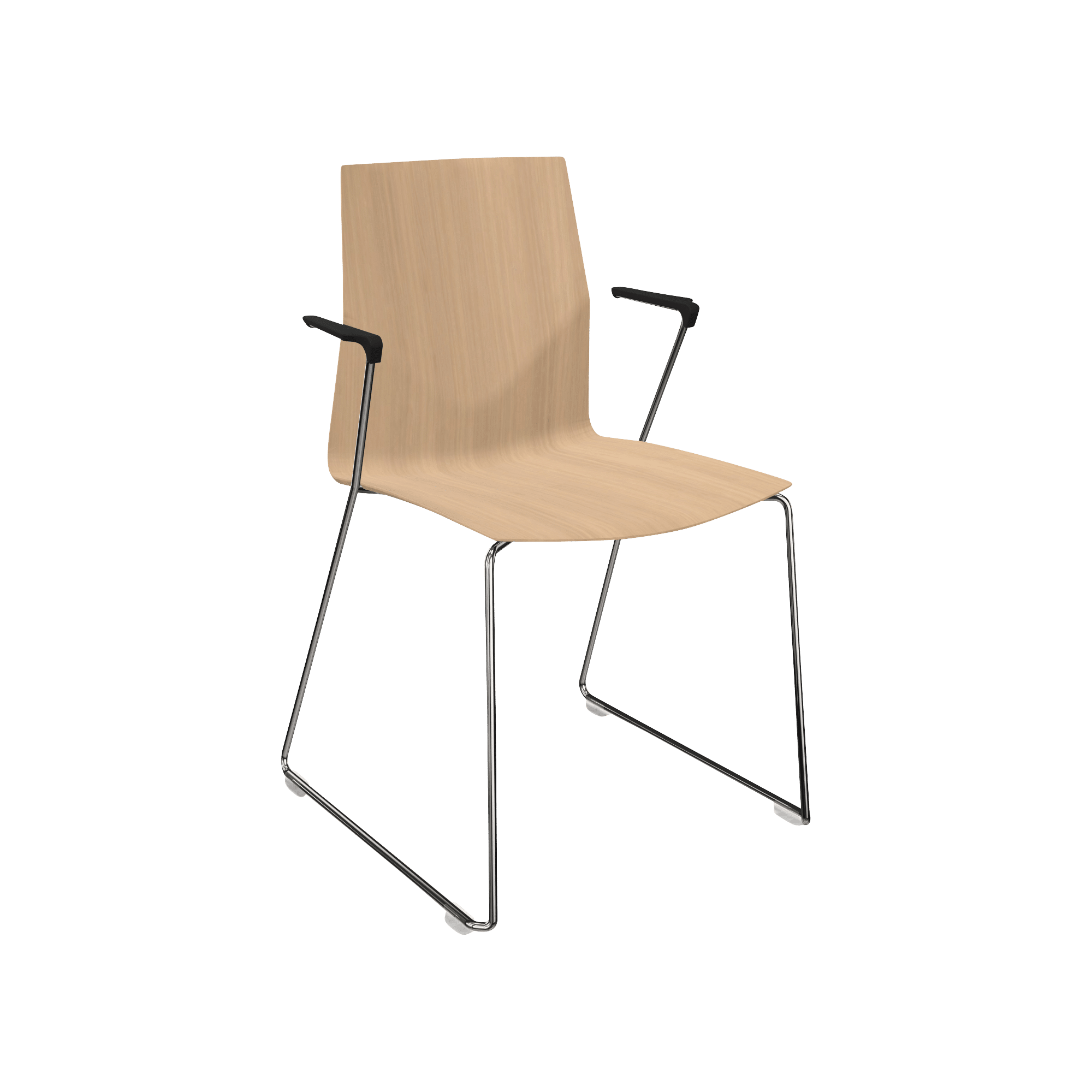 wooden chair with metal legs and black arm rests