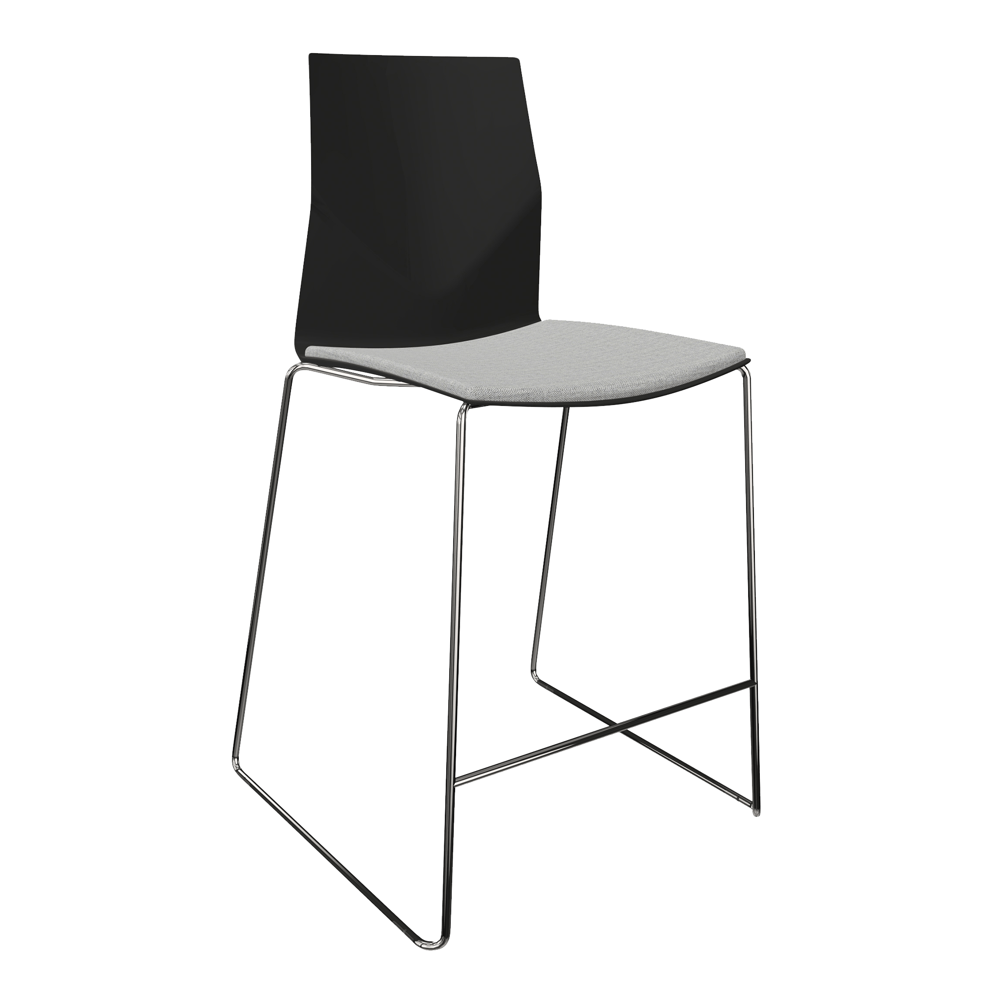 Mid height counter chair with a black and grey seat and two chrome legs