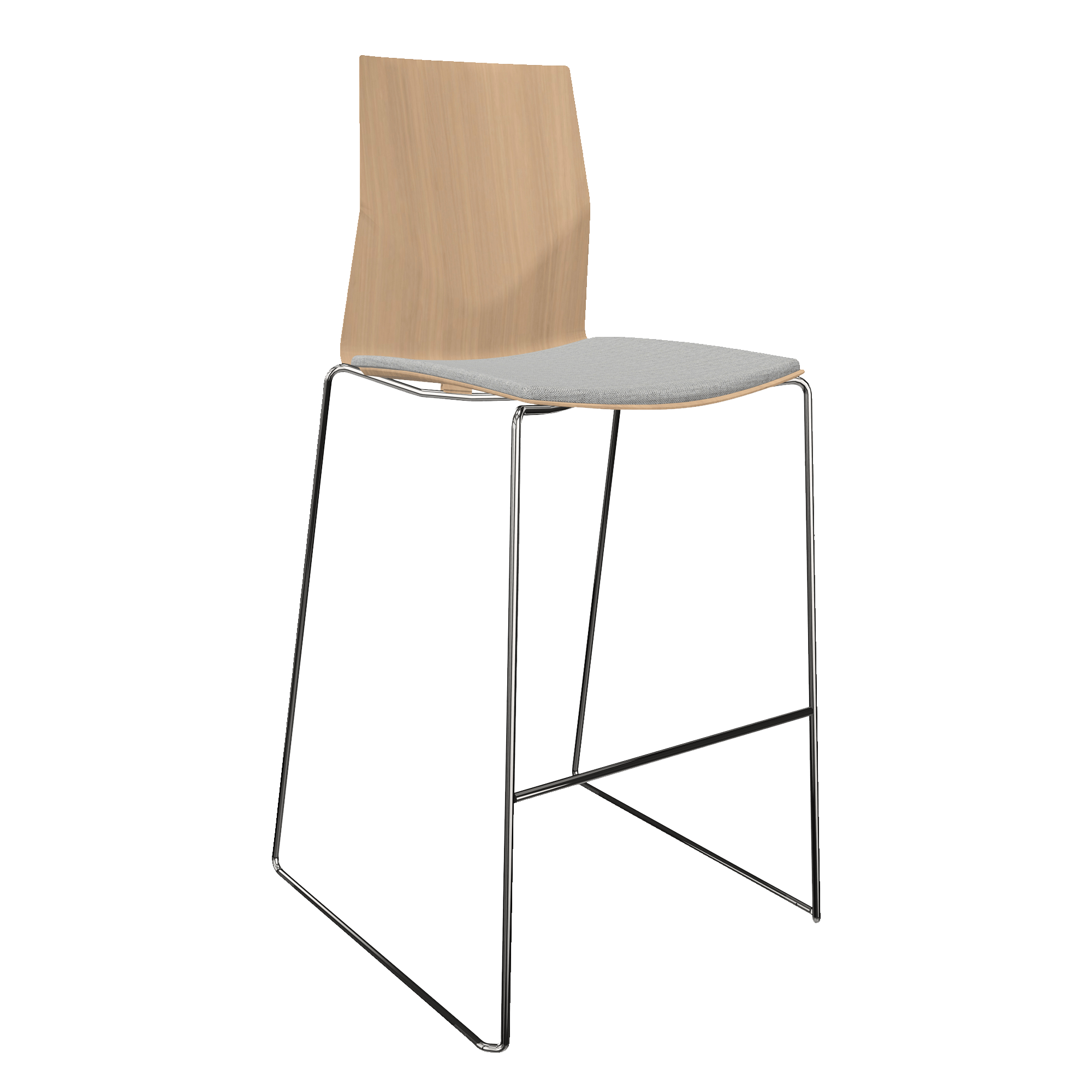 Counter chair with wooden back and upholstered seat and two chrome legs