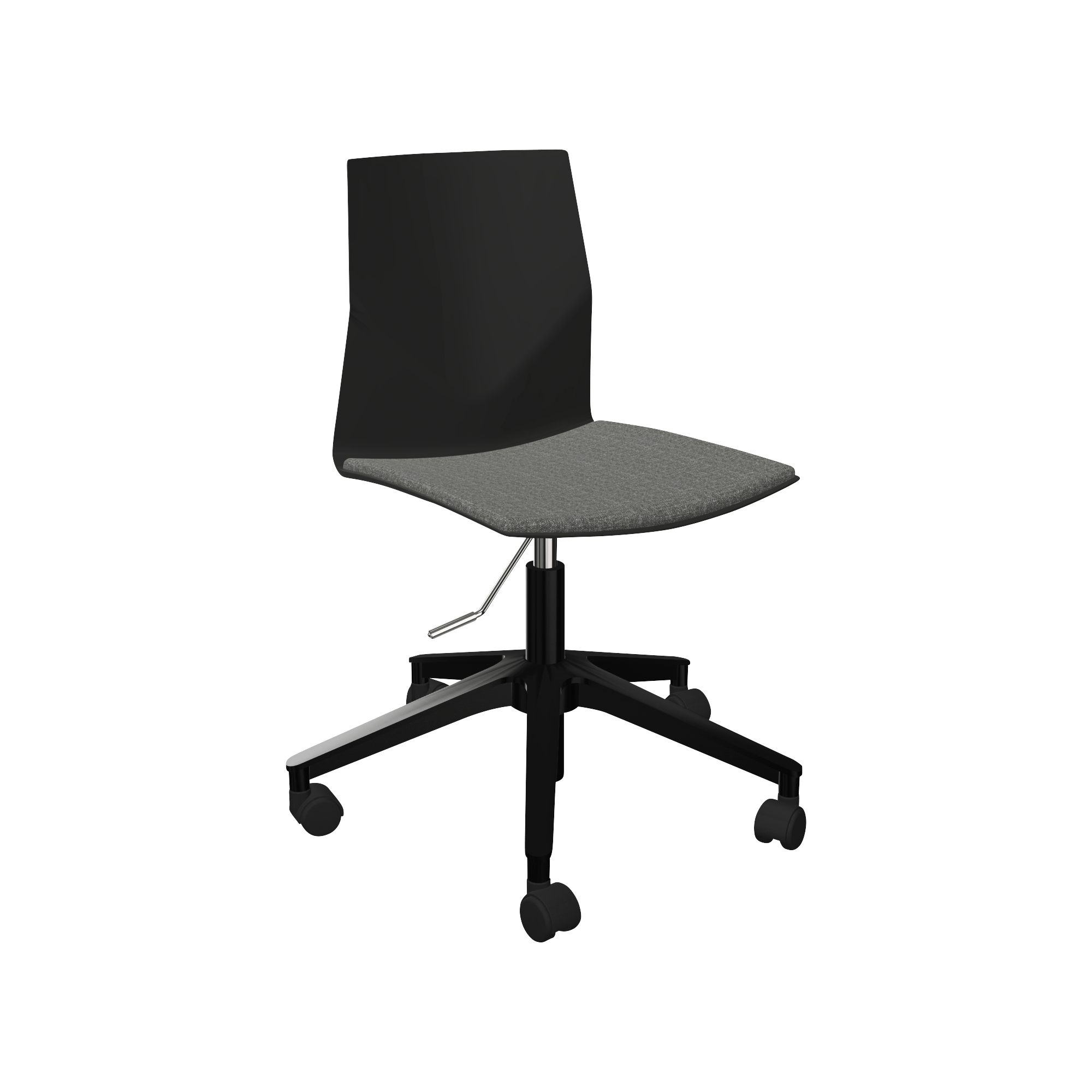A black office chair with a grey upholstered seat.