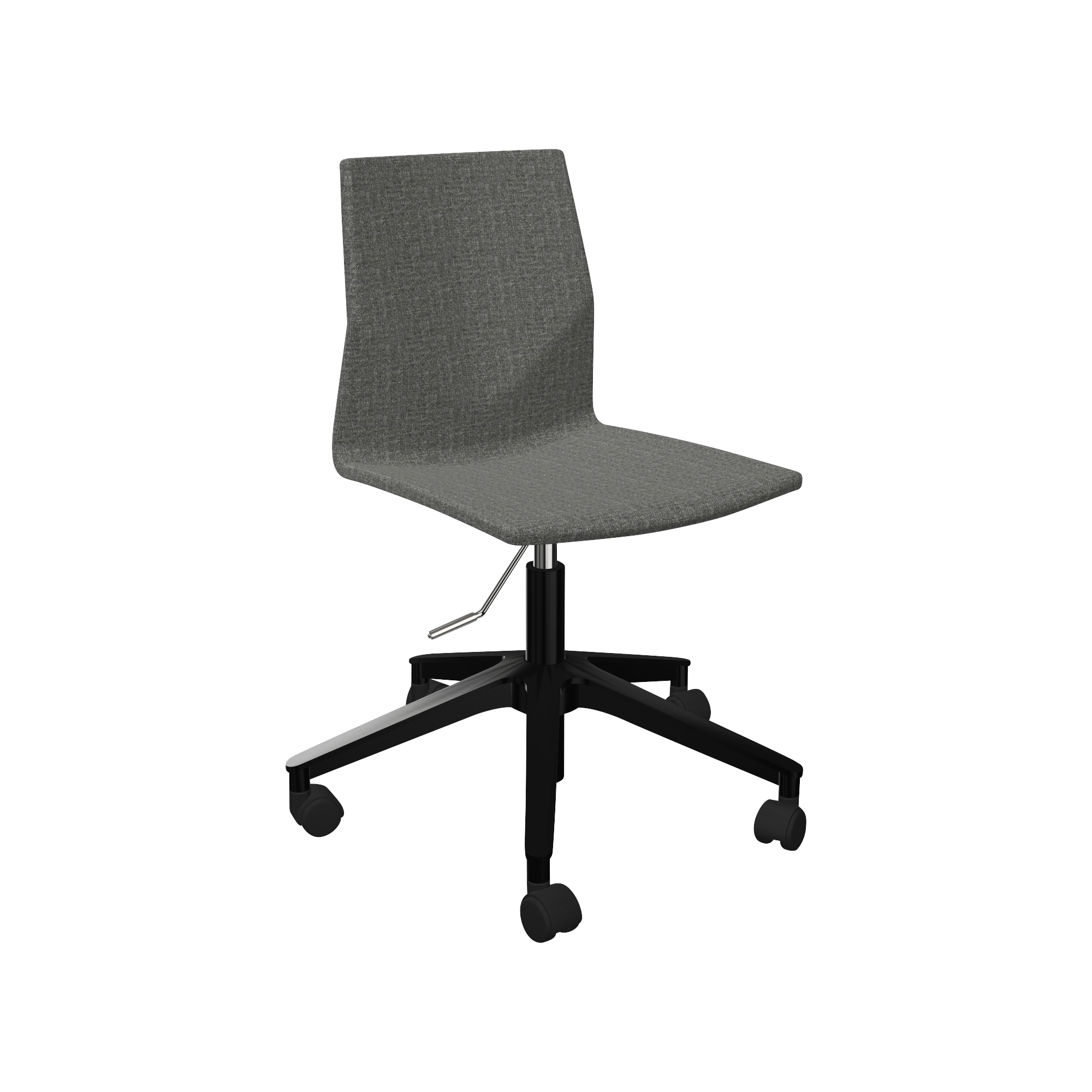 A grey office chair on casters.