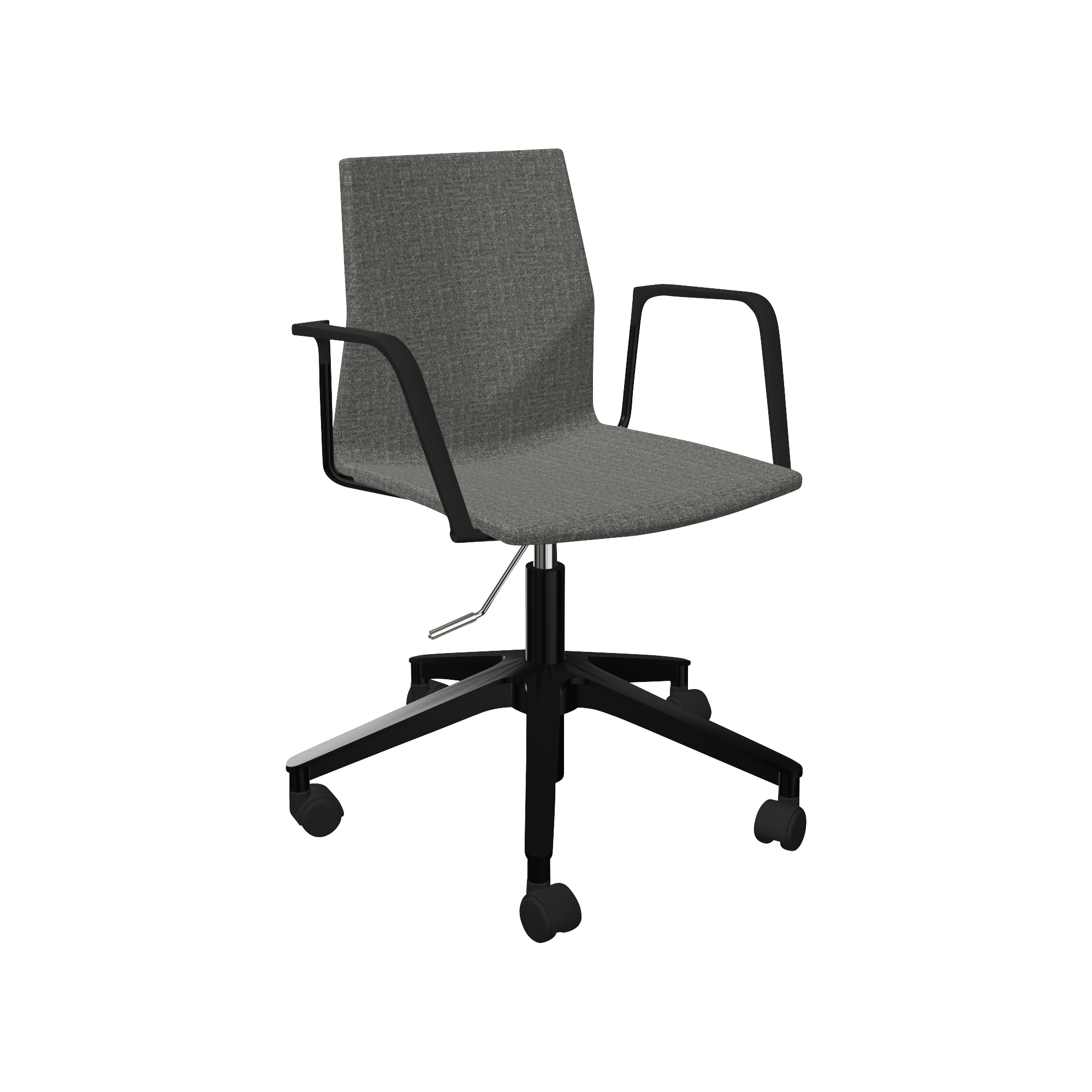 An office chair with a black frame and a grey upholstered seat.