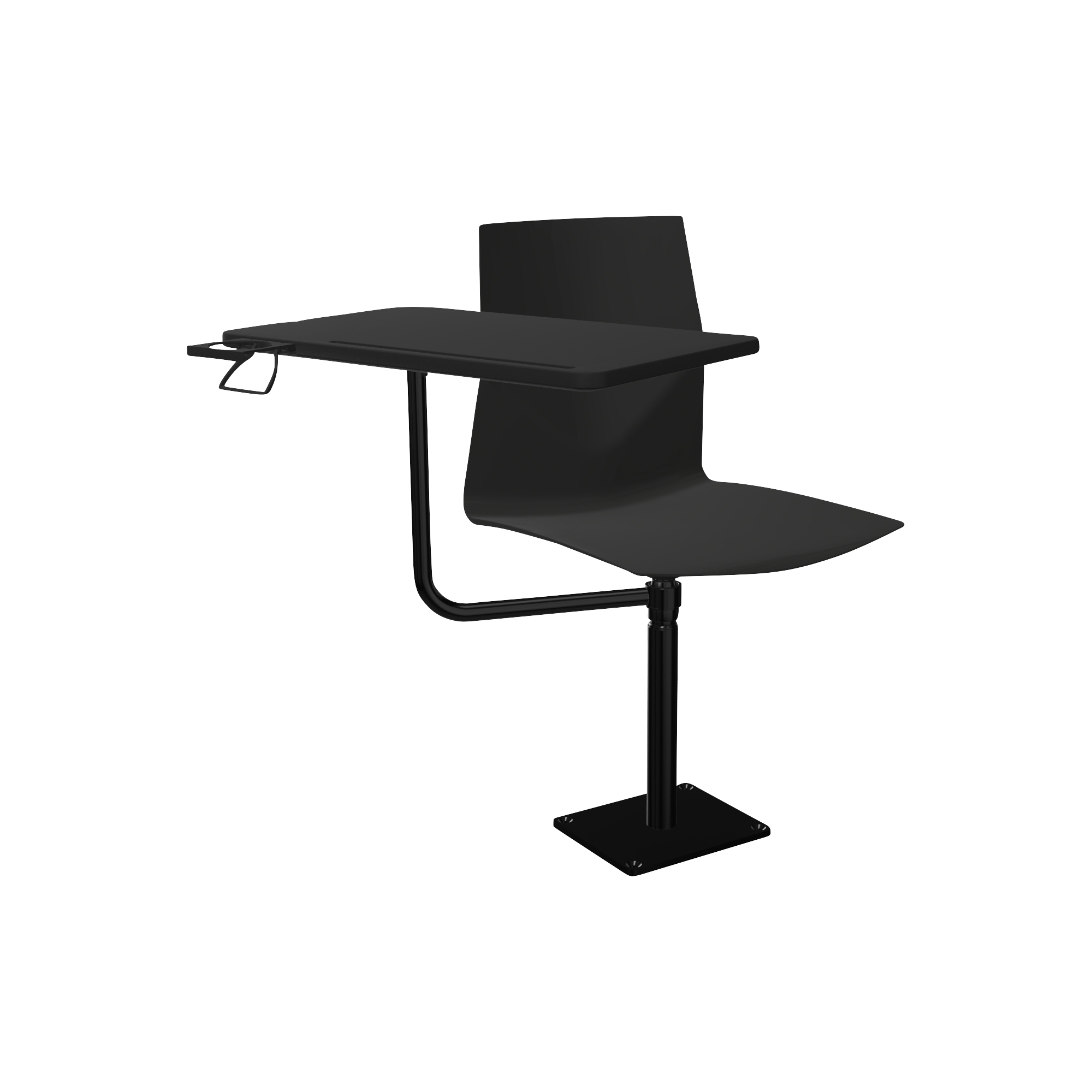 A black chair with a black desk on it.