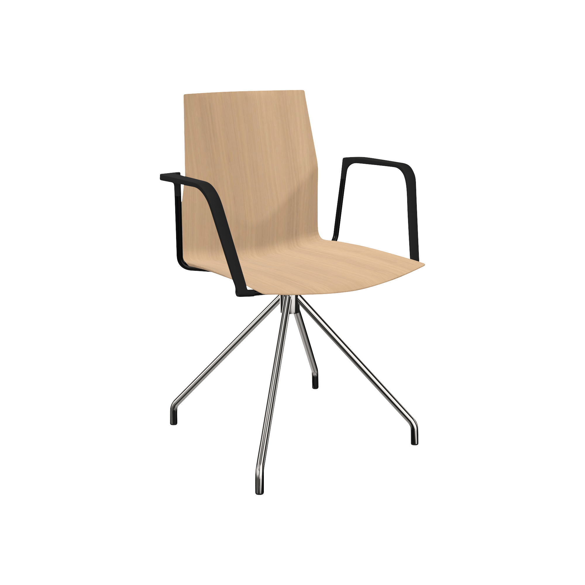 Wooden chair with black arm rests and chrome leg