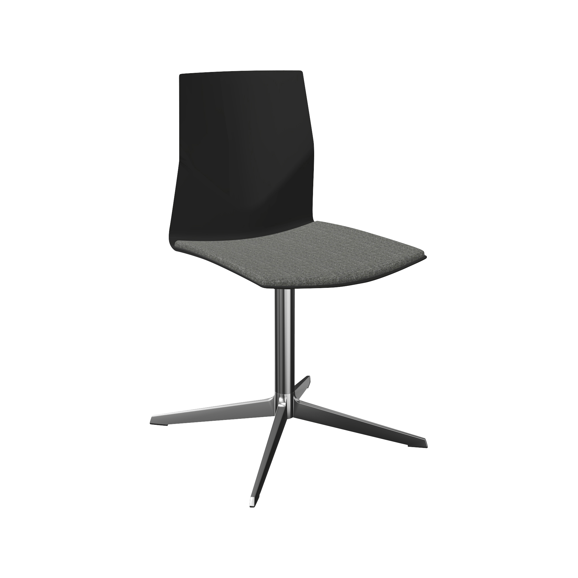 A black office chair with a grey seat and a chrome pedestal leg
