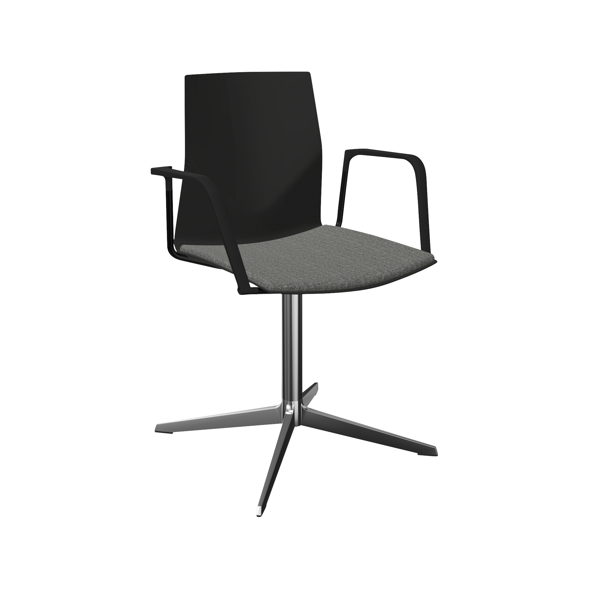A black office chair with a grey seat and black arm rests and a chrome pedestal leg