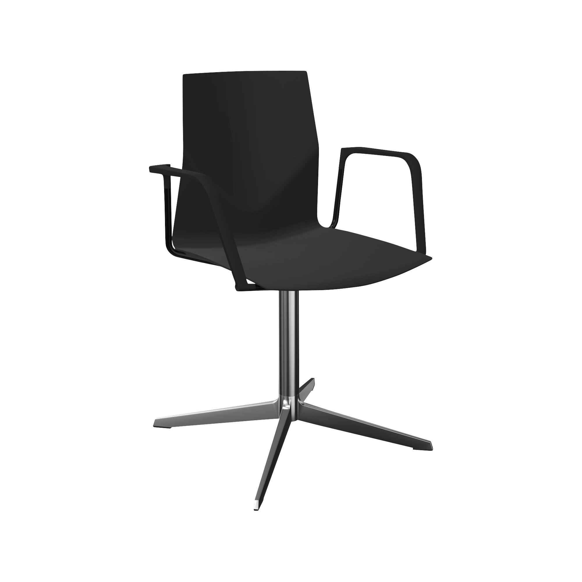 A black office chair with black arm rests and a chrome pedestal leg
