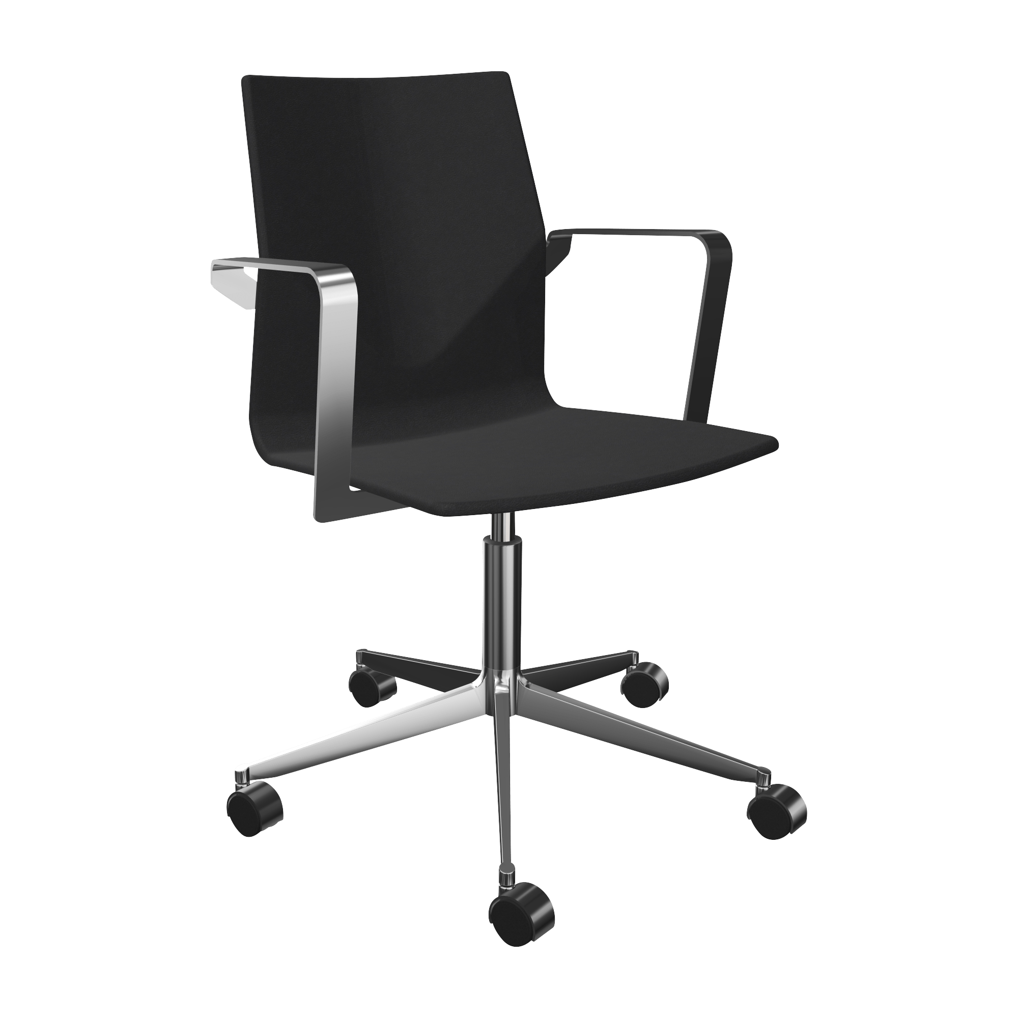 A black office chair with arm rests with a pedestal leg and wheels