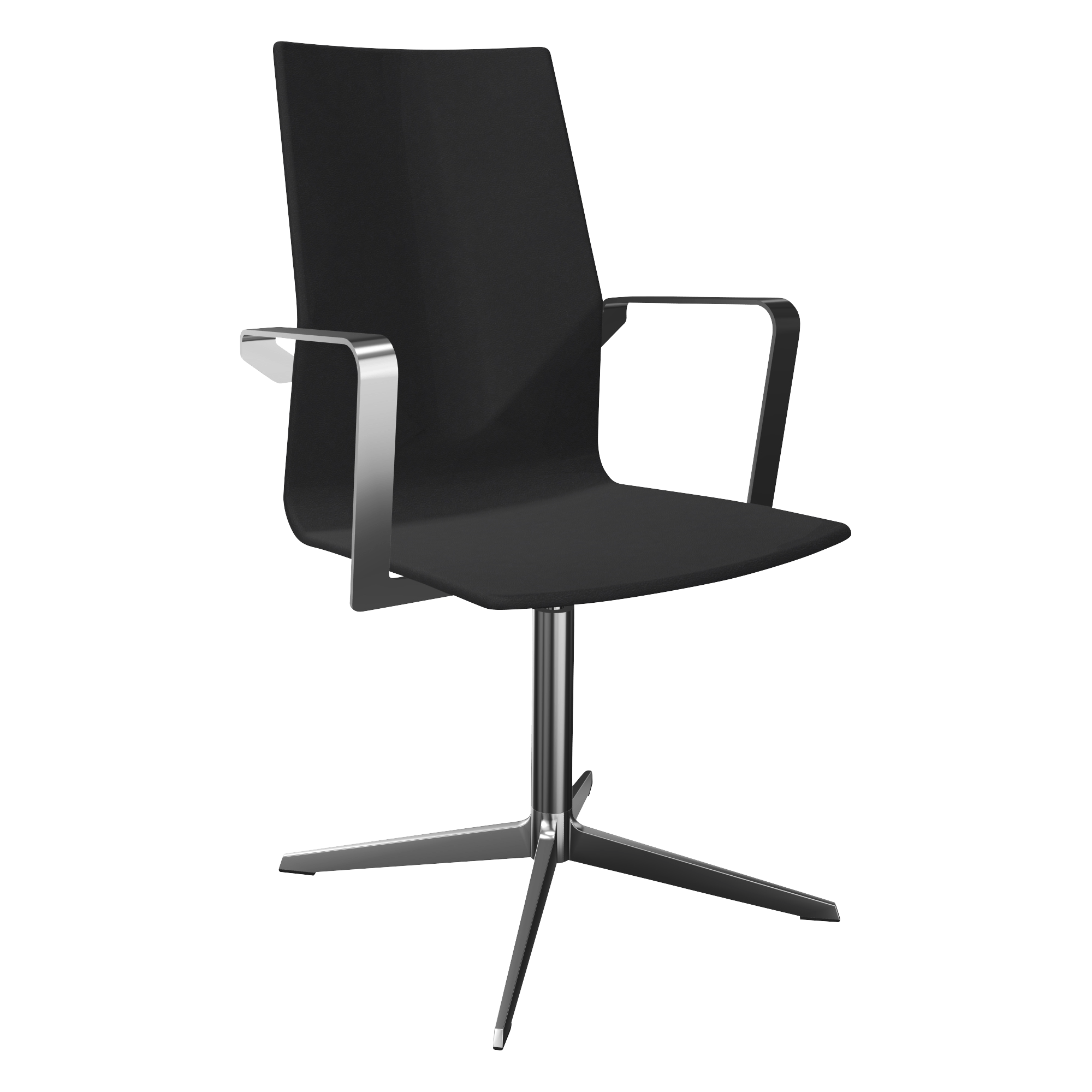 A black office chair with arm rests with a pedestal leg