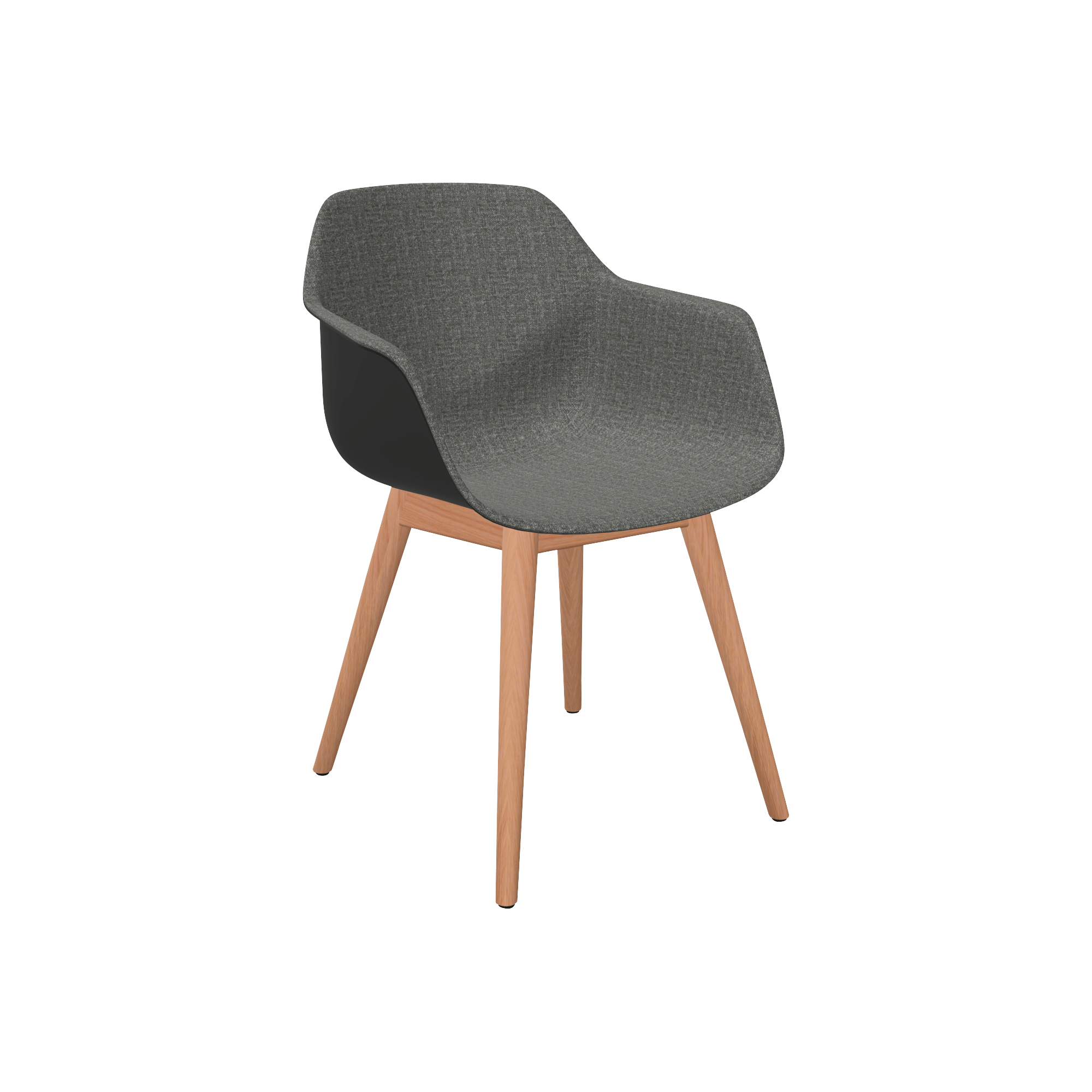 A chair with a grey fabric and wooden legs.