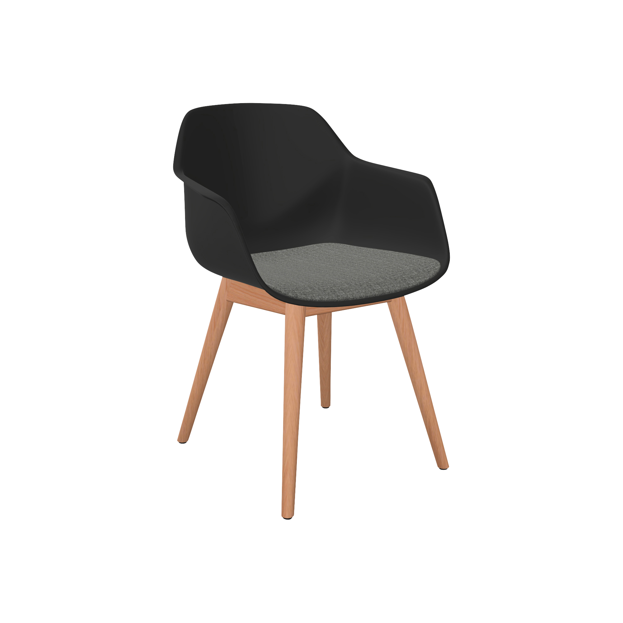 A black plastic chair with wooden legs.