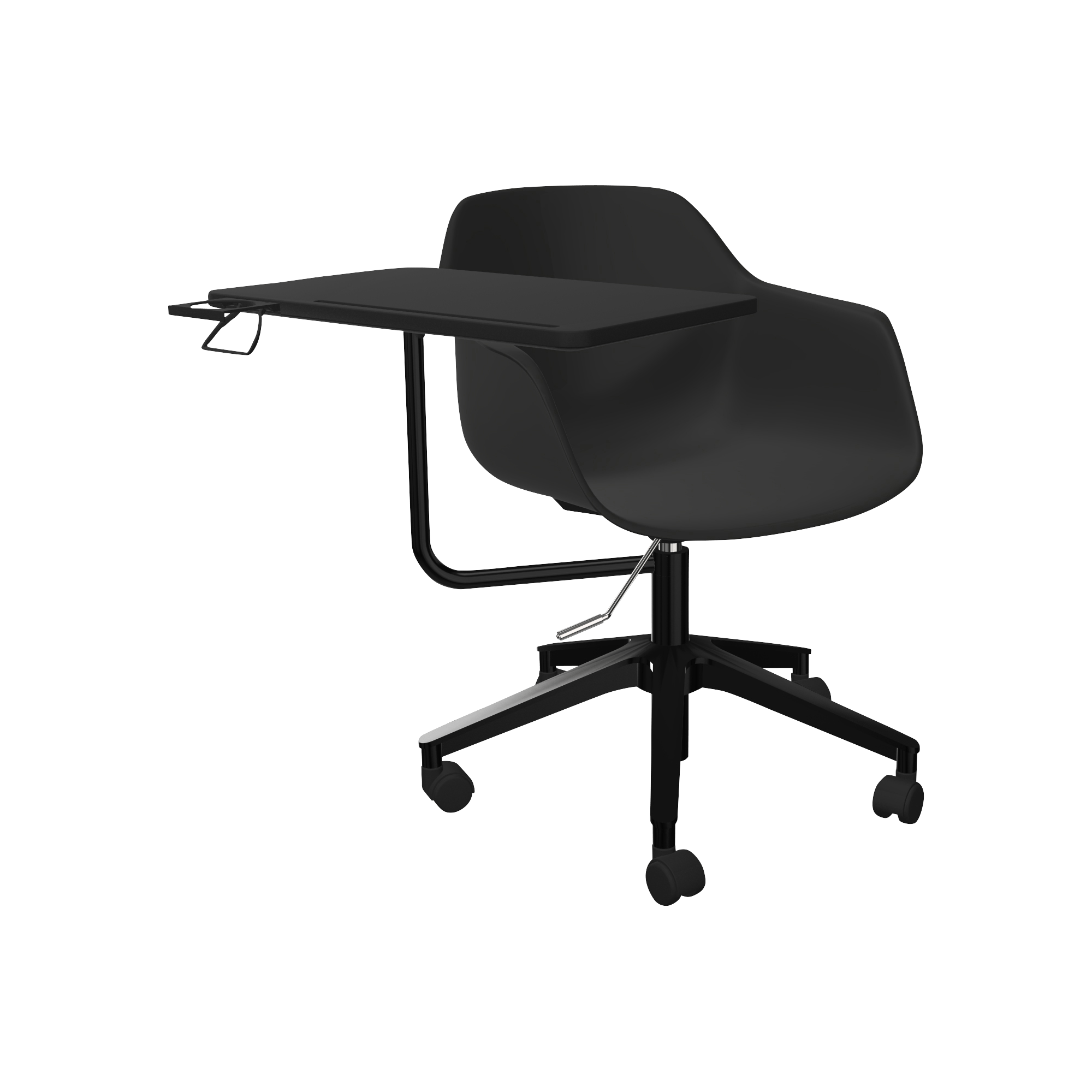 A black office chair with a table on it.