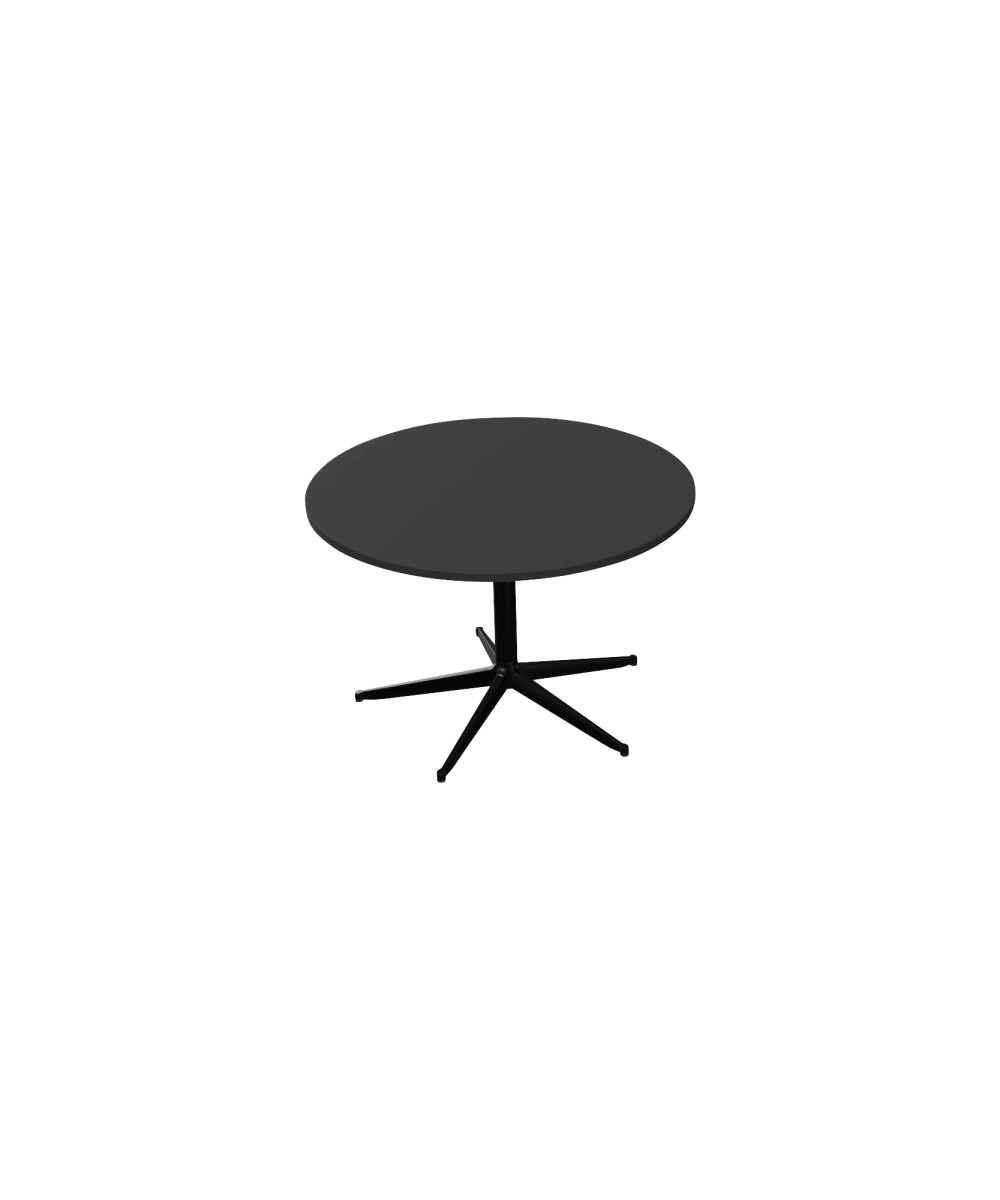 A black circular table with a pedestal leg