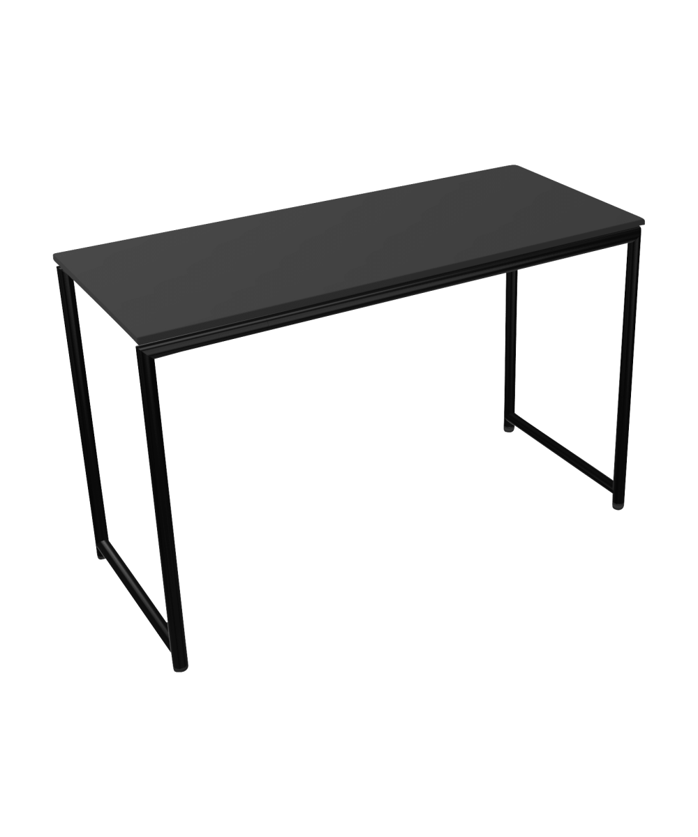 A black desk with a metal frame and two legs