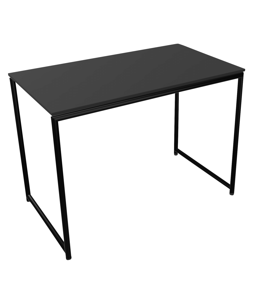 A counter height black desk with a metal frame and two legs