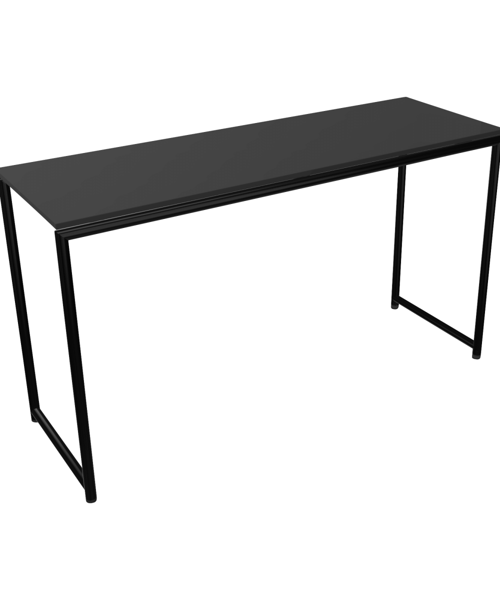 A counter height black desk with a metal frame and two legs