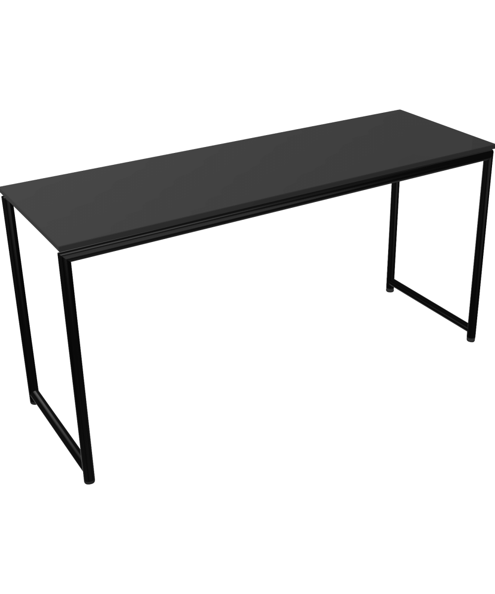 A long black desk with a metal frame and two legs