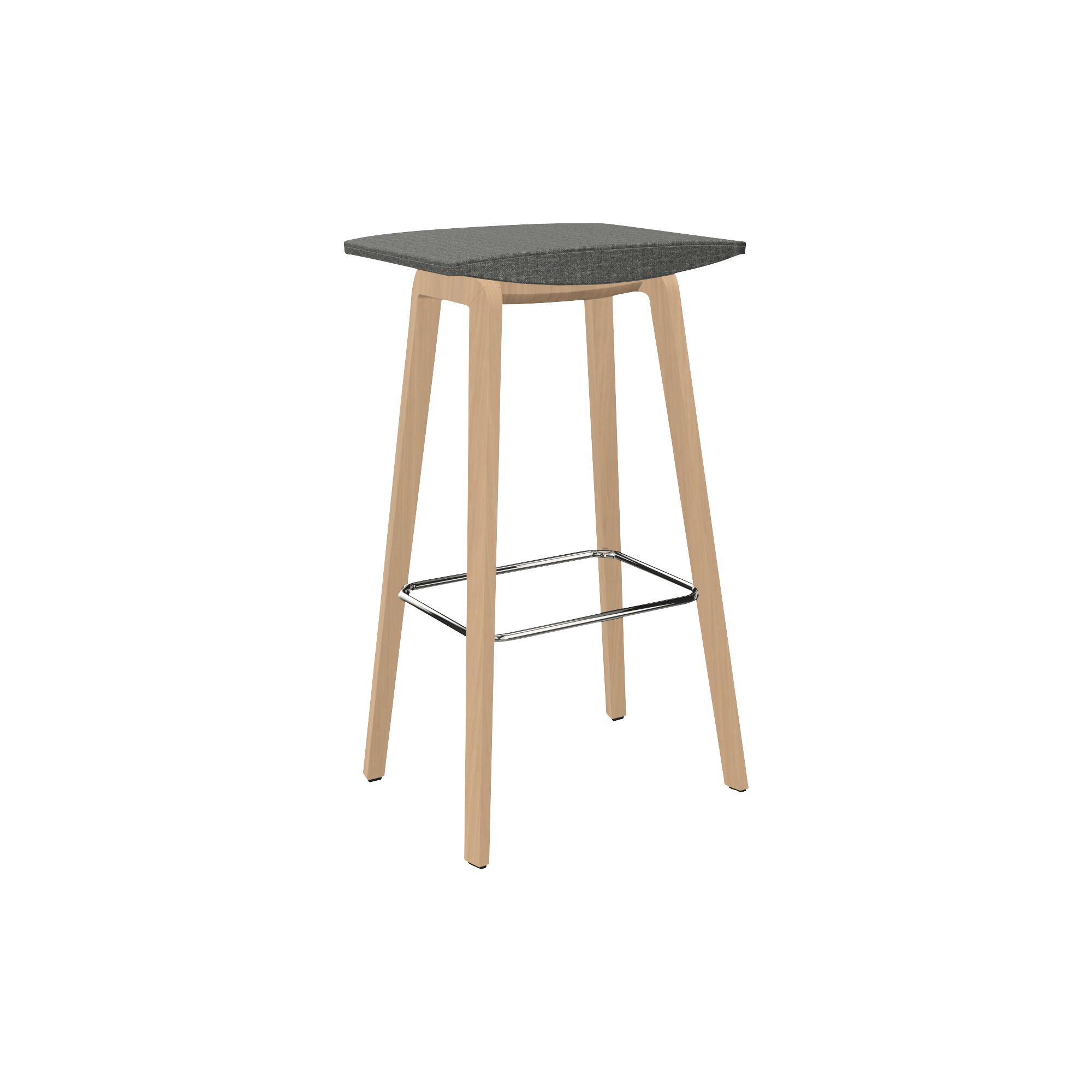 tall stool with wooden legs and grey seat