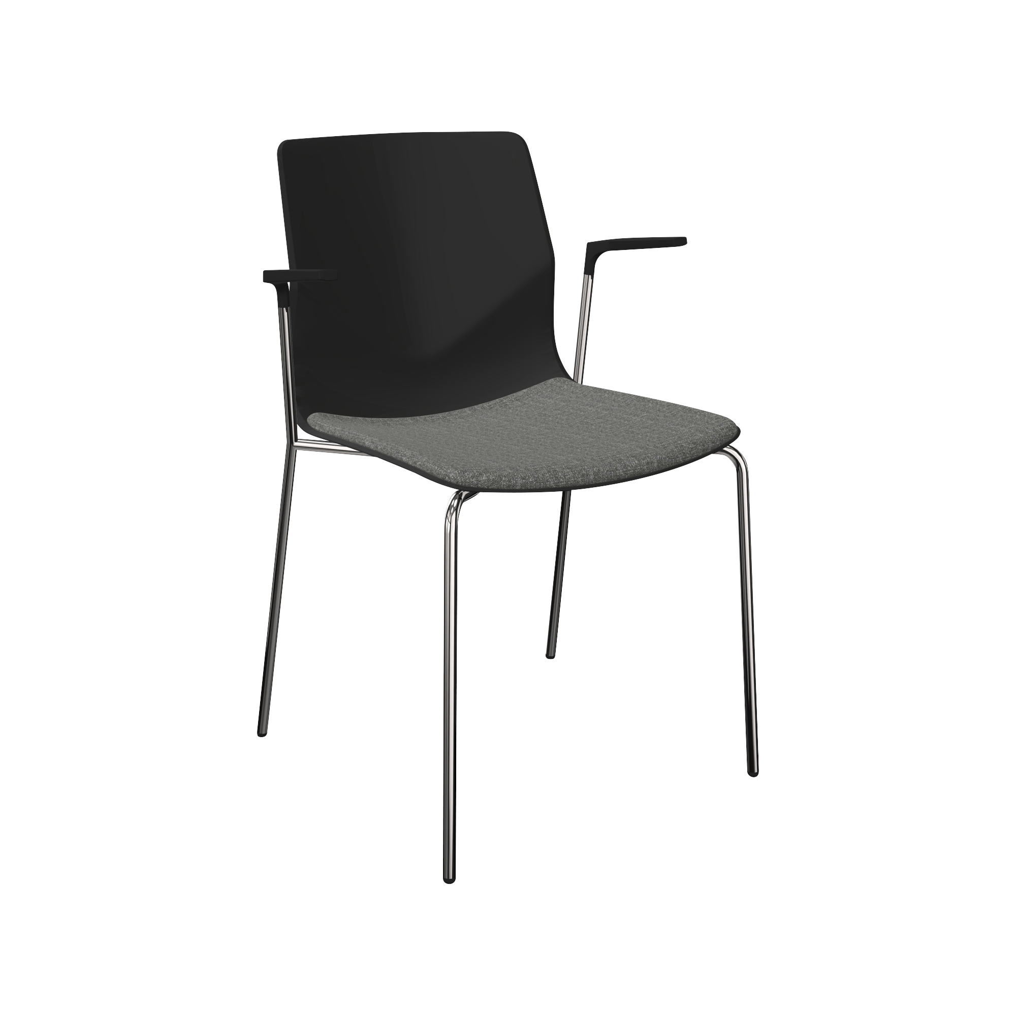 A grey chair with a chrome frame and legs