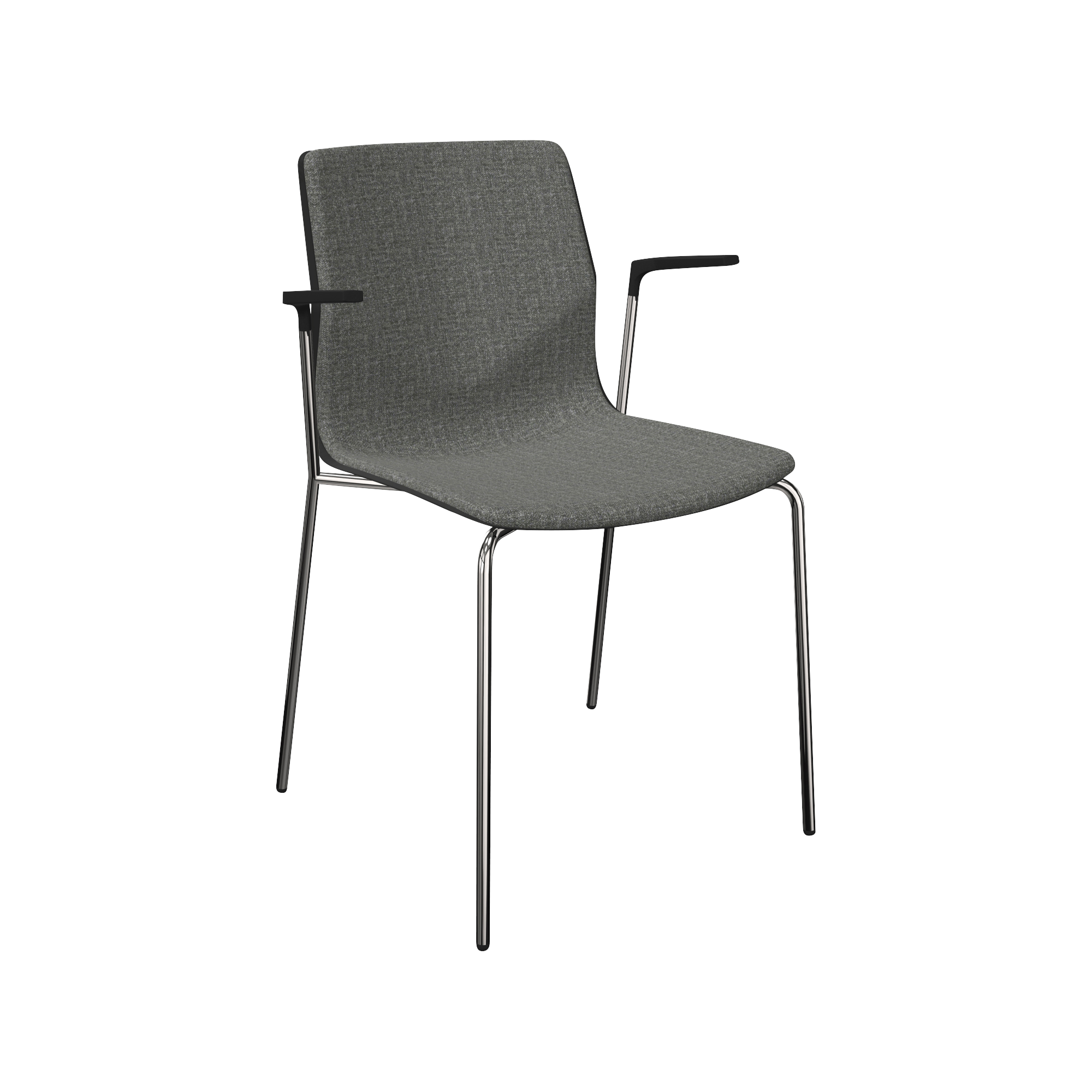 A grey chair with a chrome frame and legs