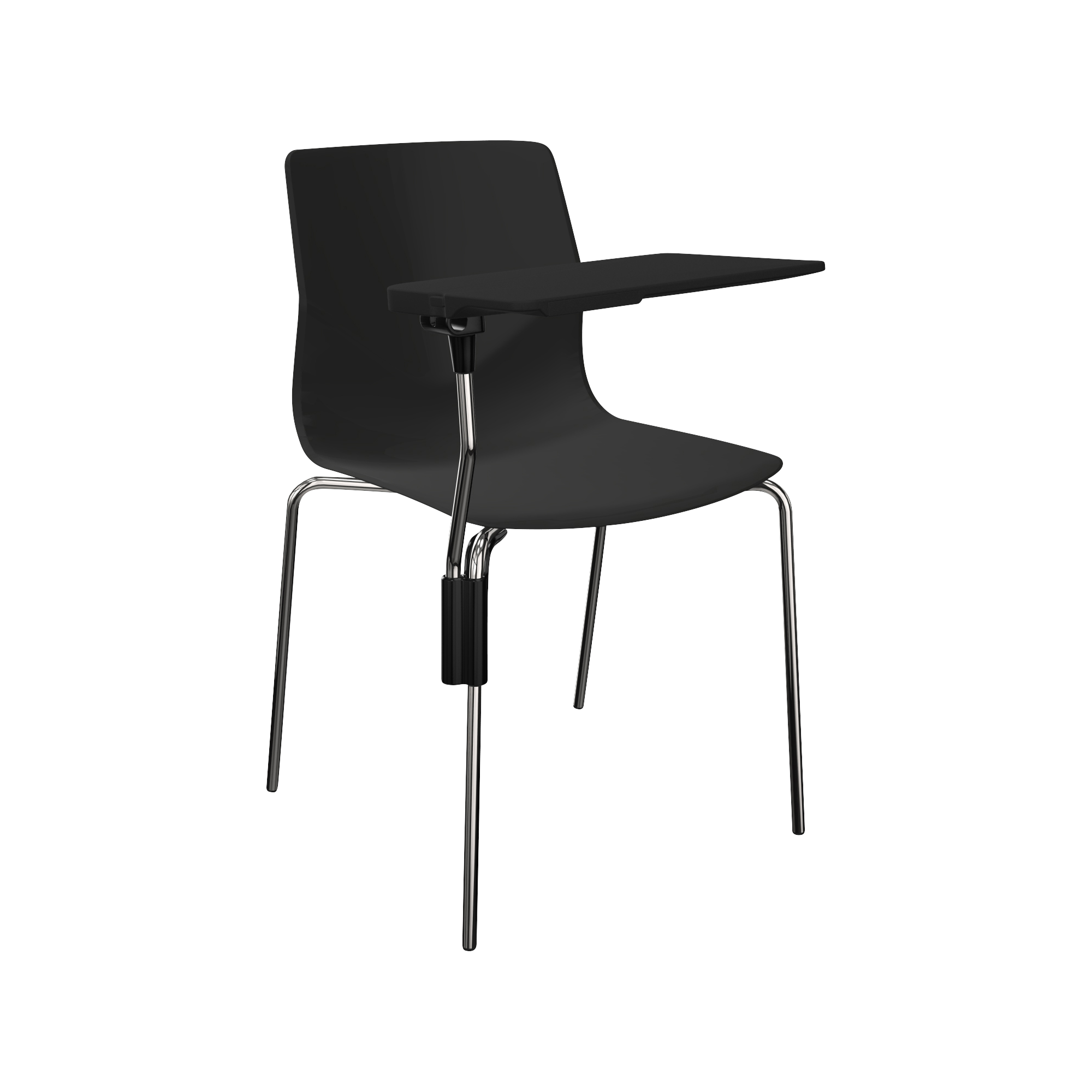 A black chair with a laptop table on it