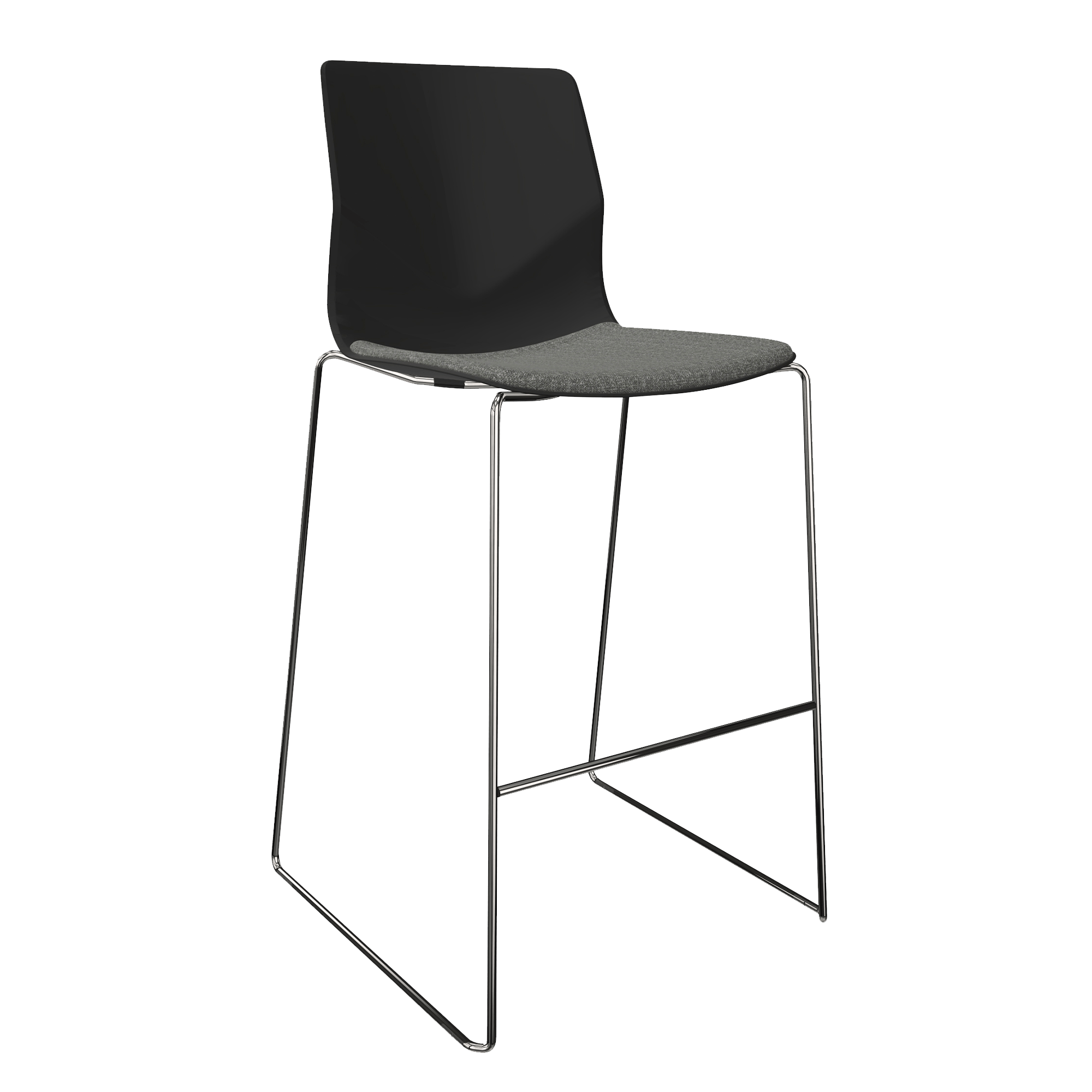 A black counter chair with 2 chrome legs