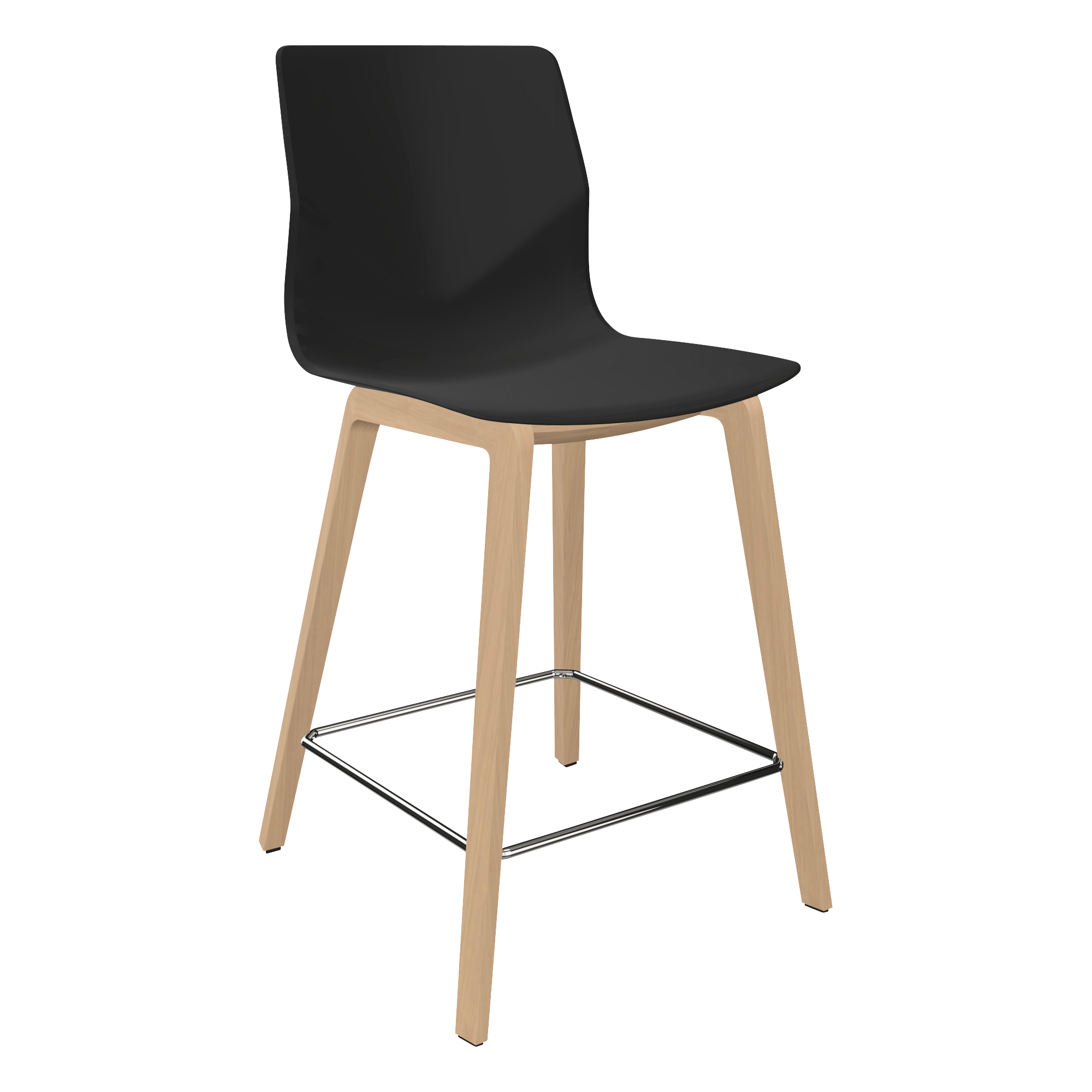 A black mid height counter chair with 4 wooden legs