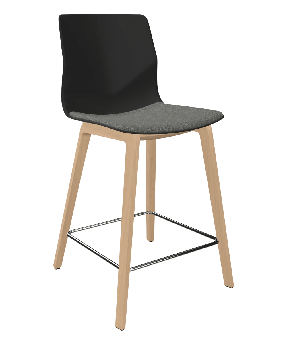 A black mid height counter chair with 4 wooden legs