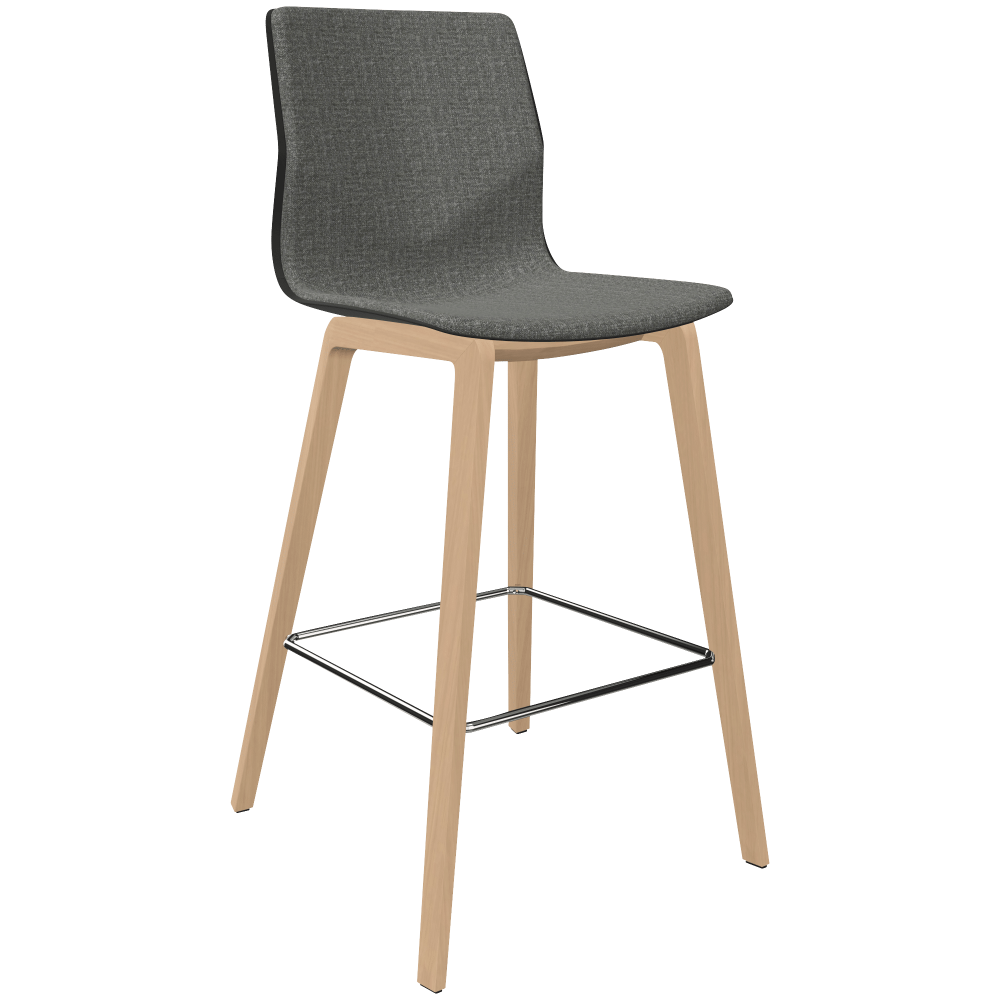 A grey counter chair with wooden legs.