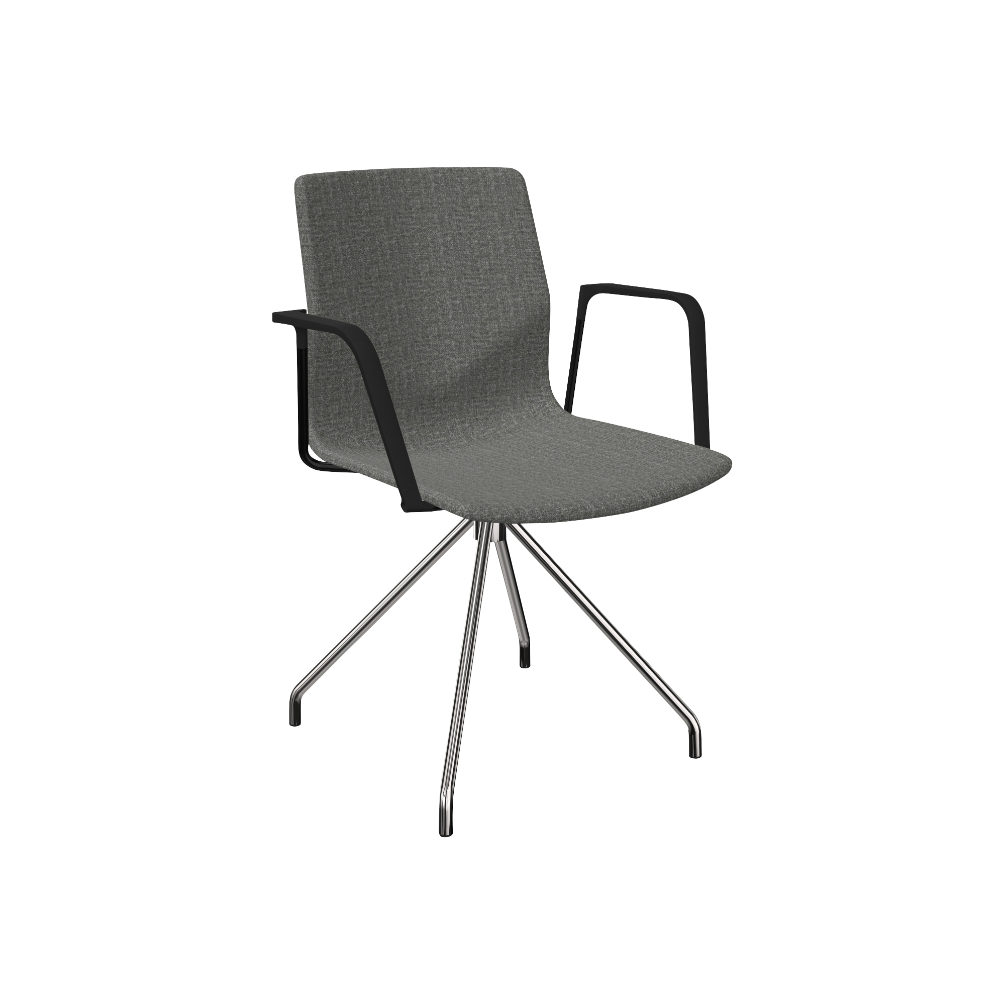 A grey chair with a metal frame and upholstered seat.