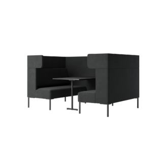 A black office work booth with a table and two chairs.