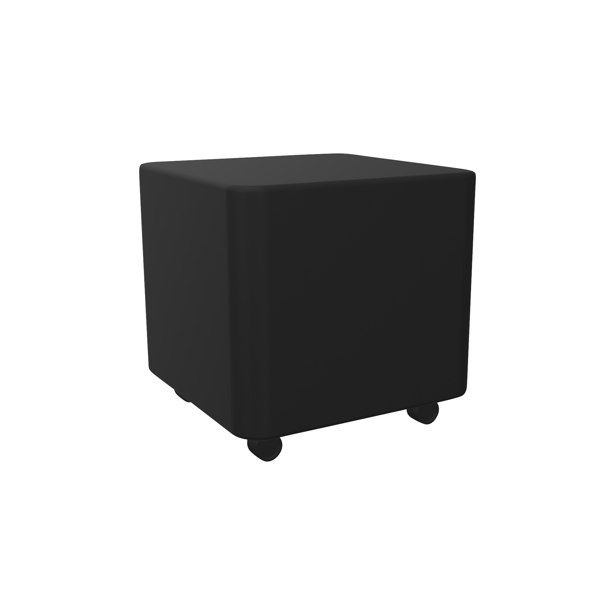 A black cube shaped ottomon with wheels