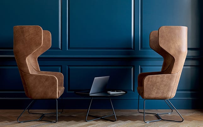 Two leather lounge chairs for offices in front of a blue wall.