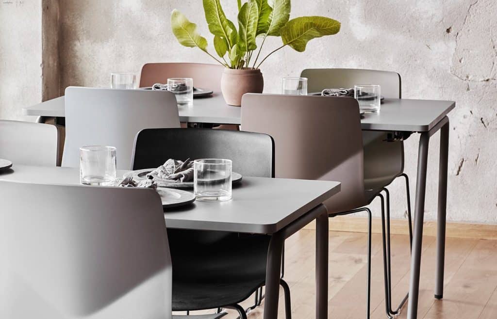 A dining table with chairs and a plant on it.