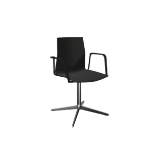 A black office desk chair with arms and a pedestal leg