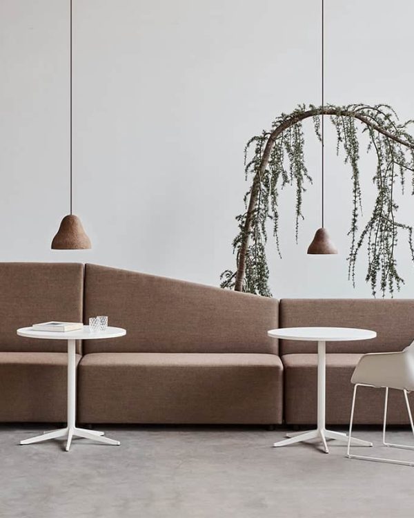 A office sofa, table and chairs in a room with a tree.