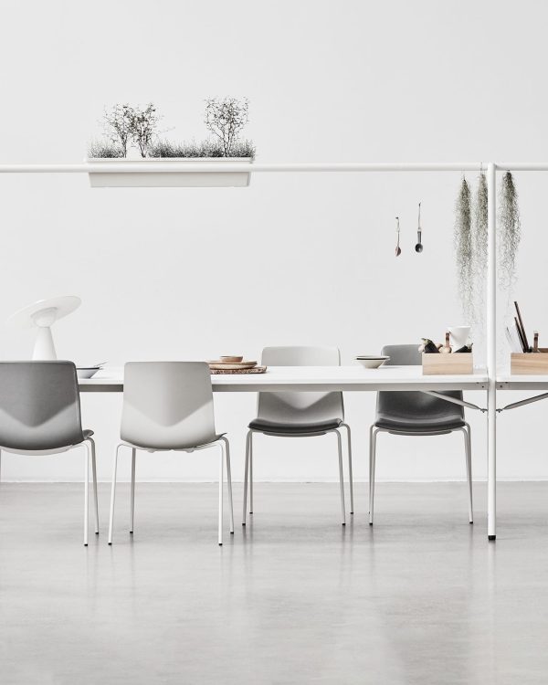 White community tables and chairs in a room with plants.