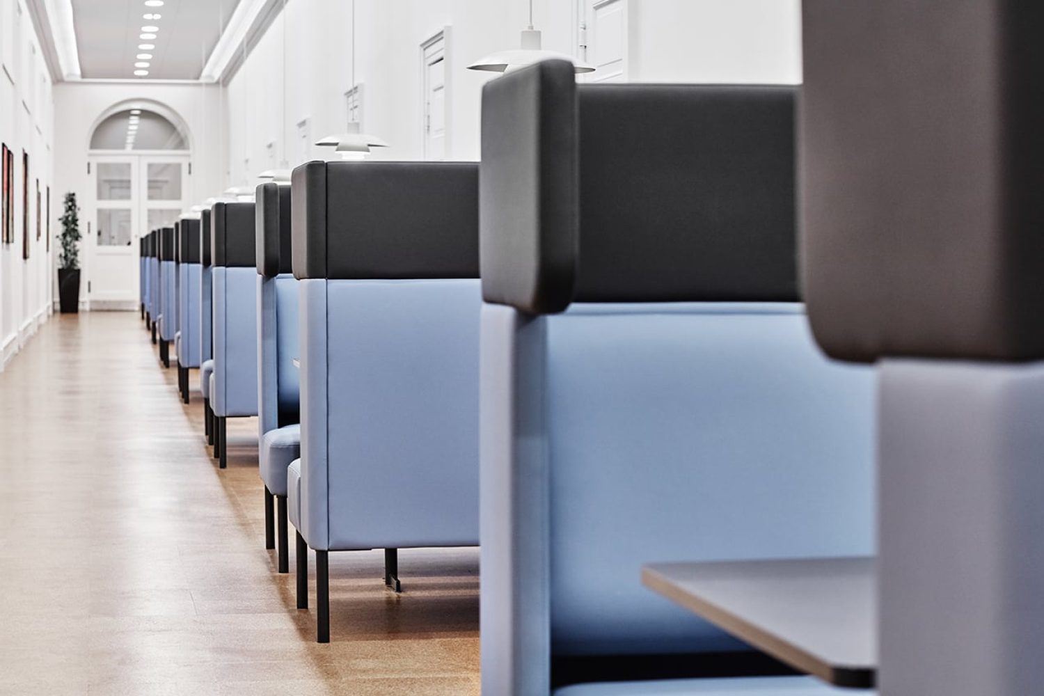 a row of office work booths in a hallway