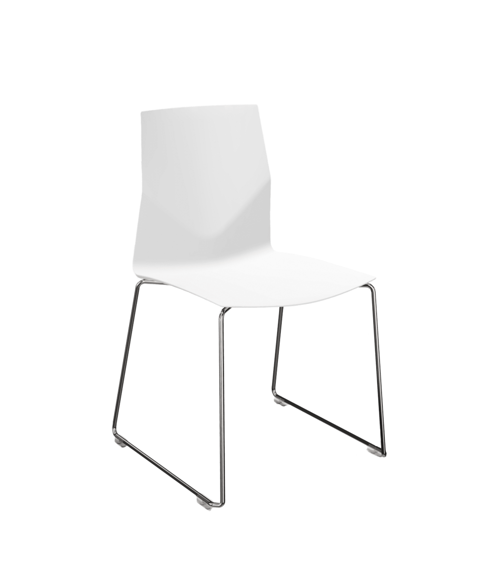 A white two legged chair with a white seat and chrome legs