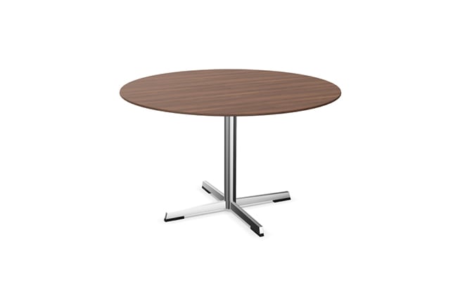 A round pedestal table with a metal base on a white background.