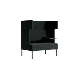 A black sofa with a black frame and a high-back back to the seat and desk